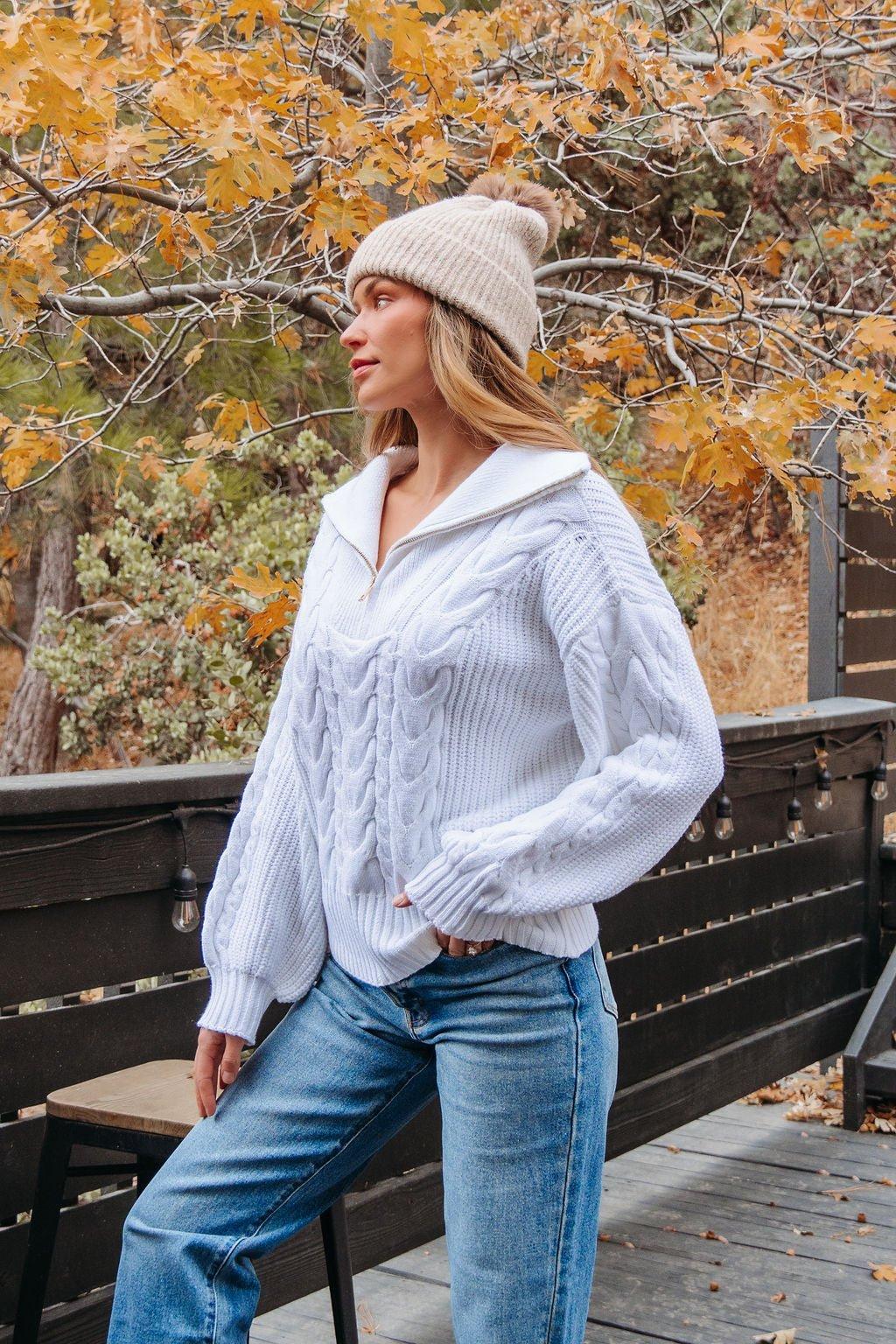 White Quarter Zip Cable Knit Sweater - FINAL SALE Product Image