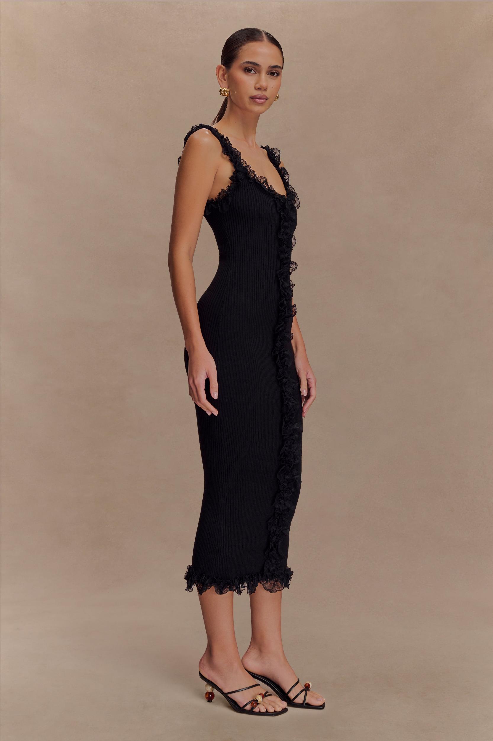 Shay Lace Ruffle Knit Midi Dress - Black Product Image