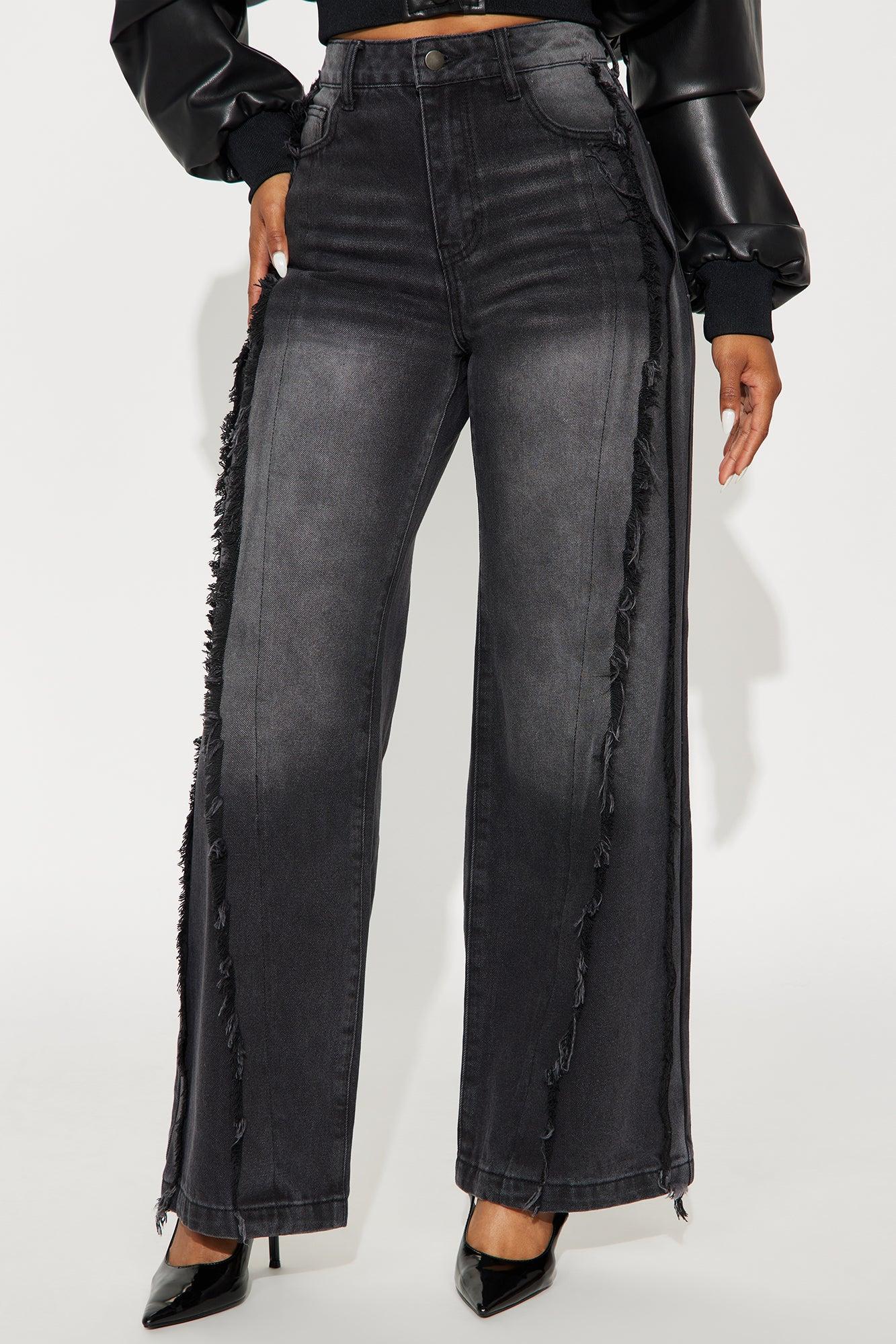 Stick Together Fray Seaming Wide Leg Jeans - Black Wash Female Product Image