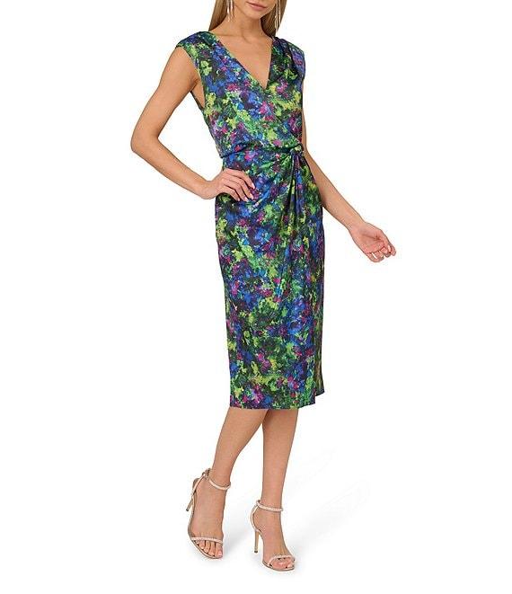 Adrianna Papell Floral Satin V-Neck Sleeveless Faux Wrap Midi Dress Product Image