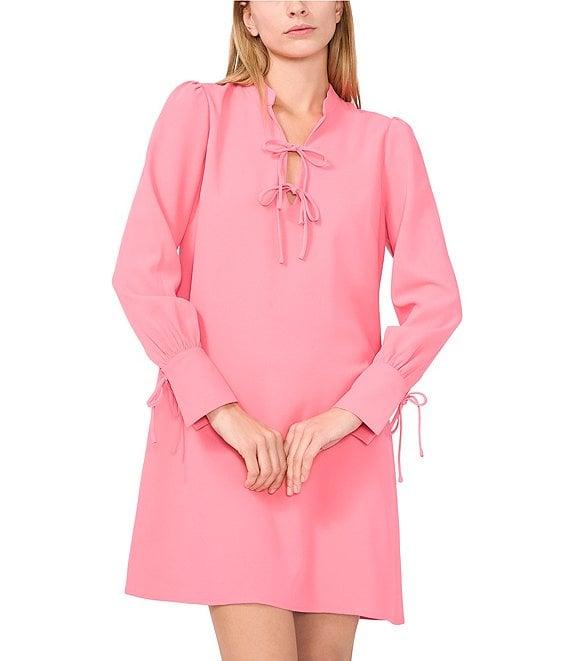 CeCe Crepe V-Neck Cuffed Long Cuffed Sleeves Tie Shift Dress Product Image