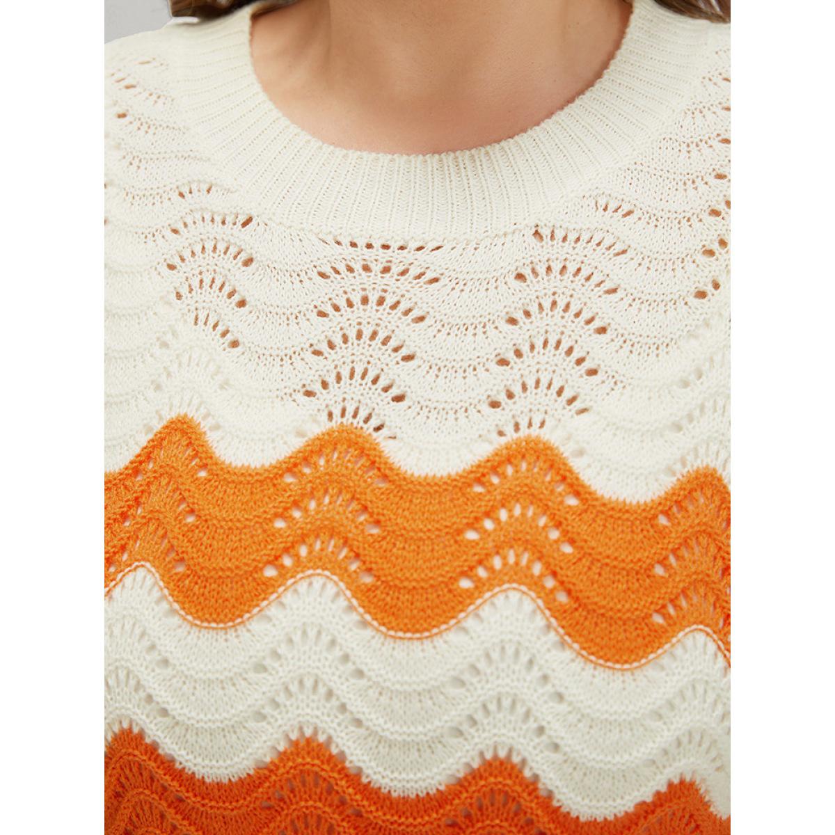 Plus Size Two Tone Eyelet Drop Shoulder Pullover Orange Women Casual Bodycon Long Sleeve Round Neck Dailywear Pullovers BloomChic 28/5X Product Image