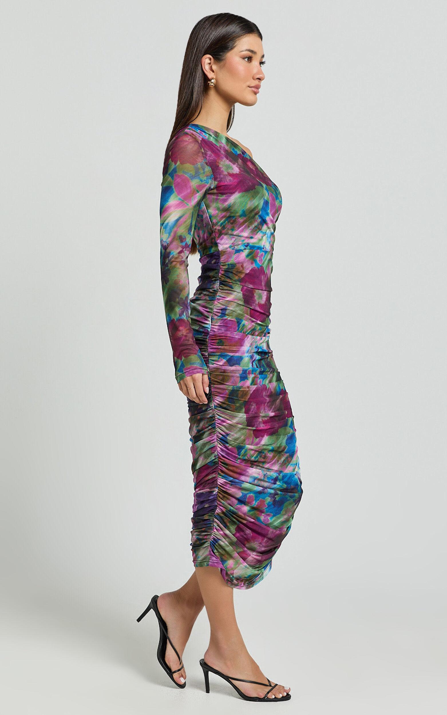 Pepper Midi Dress - One Shoulder Ruched Mesh Dress in Ethereal Iris Print Product Image