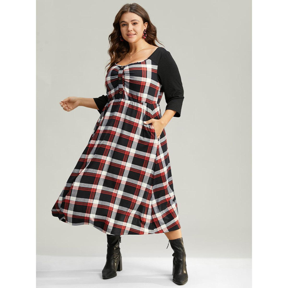 Plus Size Christmas Plaid Patchwork Pleated Square Neck Dress Red Women Office Printed Square Neck Elbow-length sleeve Curvy Midi Dress BloomChic 14-16/1X Product Image