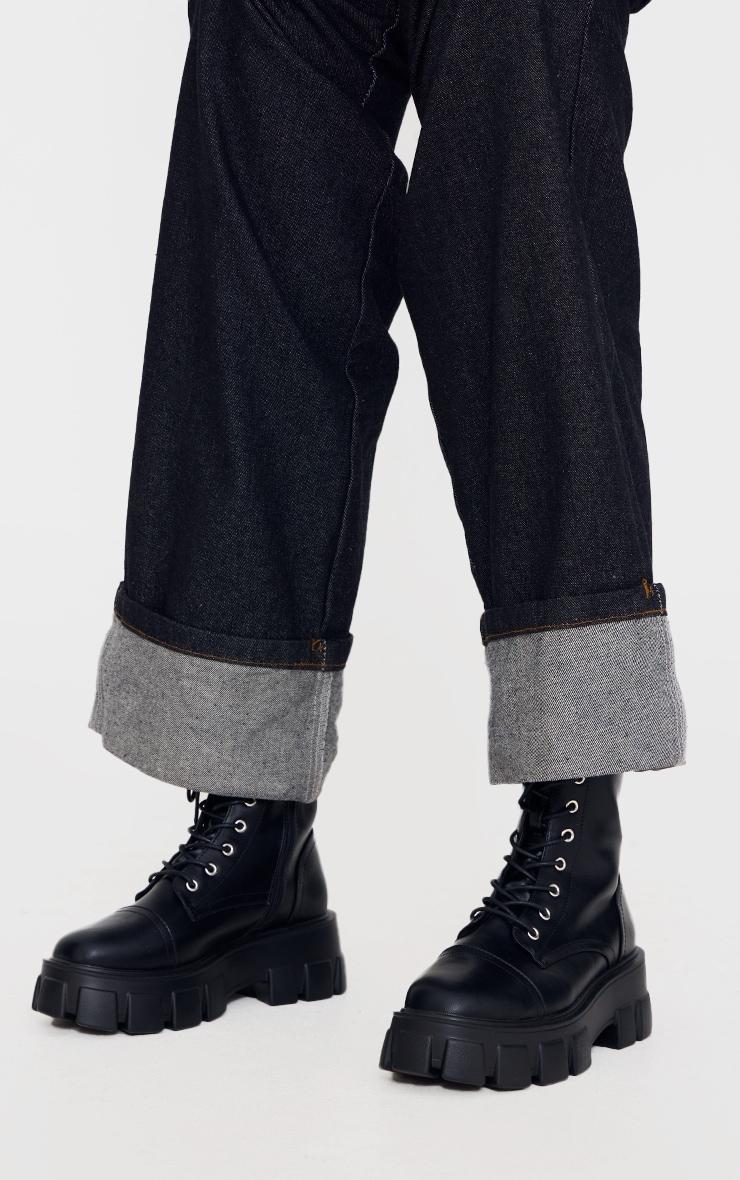 Black Lace Up Extreme Cleated Sole Combat Boots Product Image