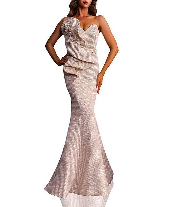 Terani Couture Sweetheart Neck 3D Ruffle Metallic Jacquard Mermaid Dress Product Image