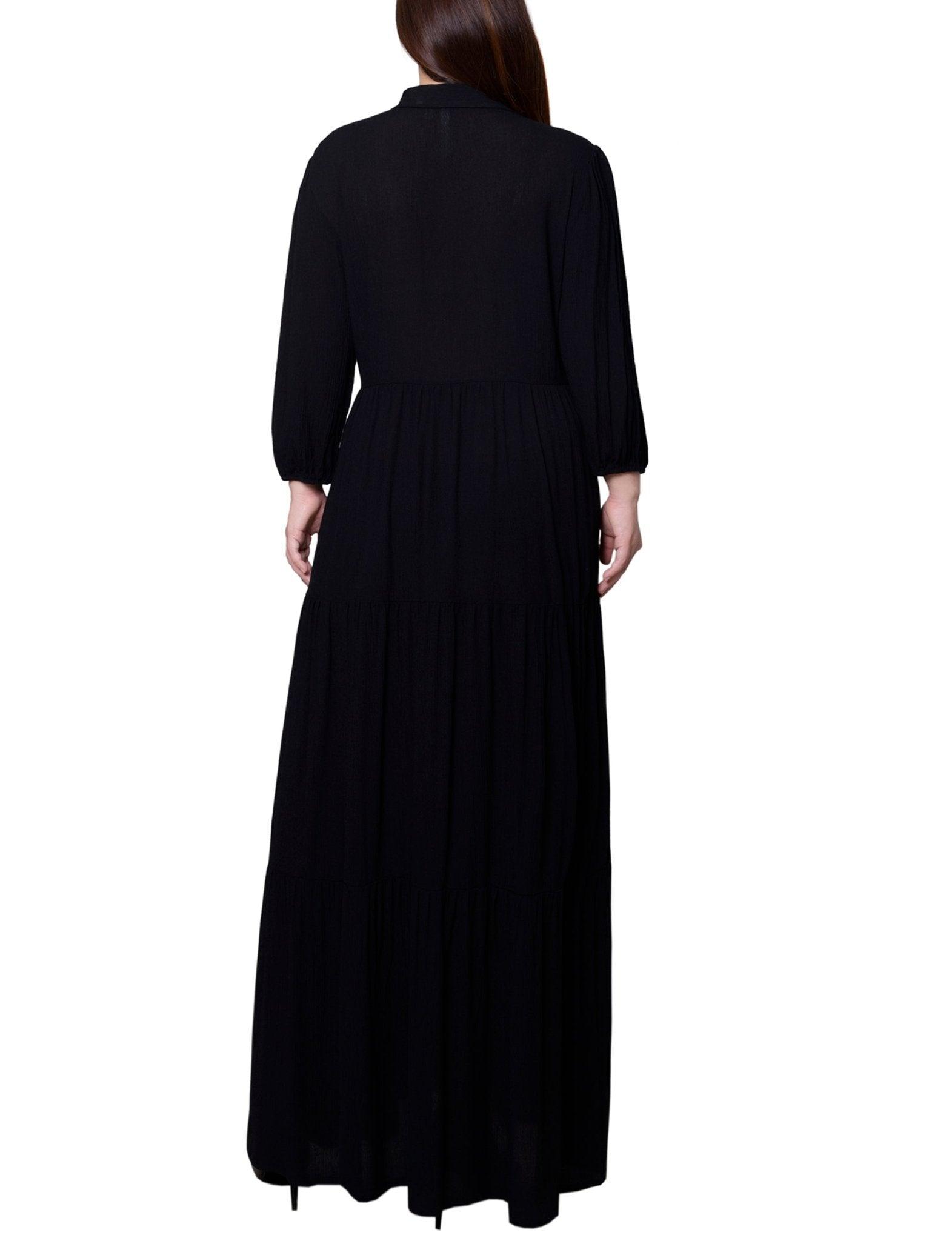 Black 3/4 Sleeve Crinkle Tiered Maxi Dress - Petite Product Image