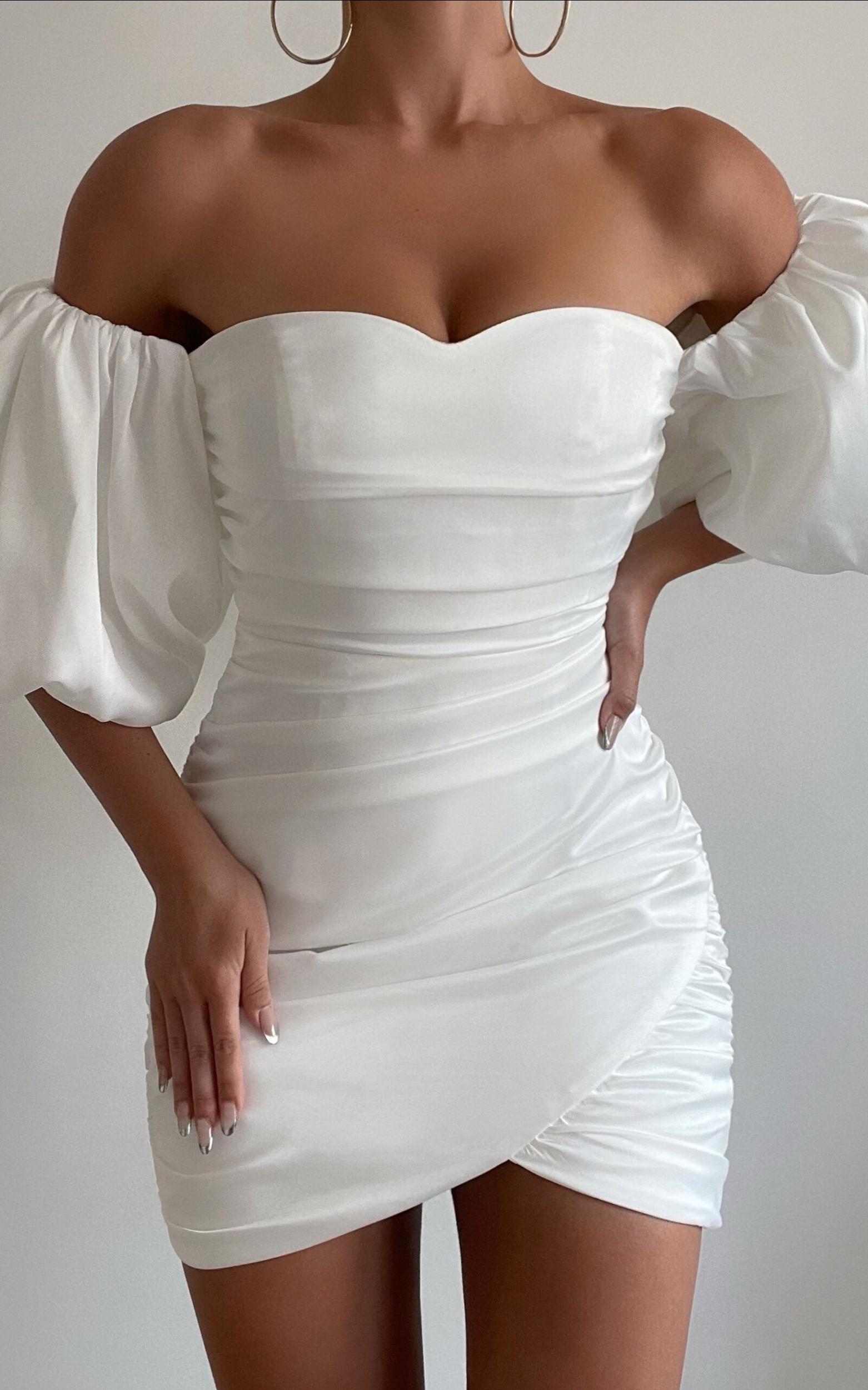 Betty Mini Dress - Off Shoulder Puff Sleeve Gathered Dress in White Product Image