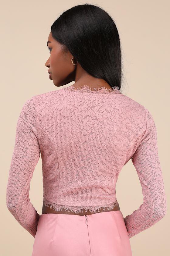 Certainly Exquisite Mauve Pink Eyelash Lace Long Sleeve Crop Top Product Image