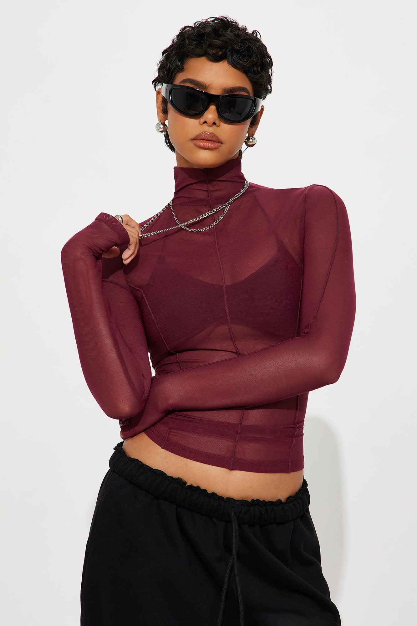 Power Mesh Mock Neck Long Sleeve Top - Wine Female Product Image