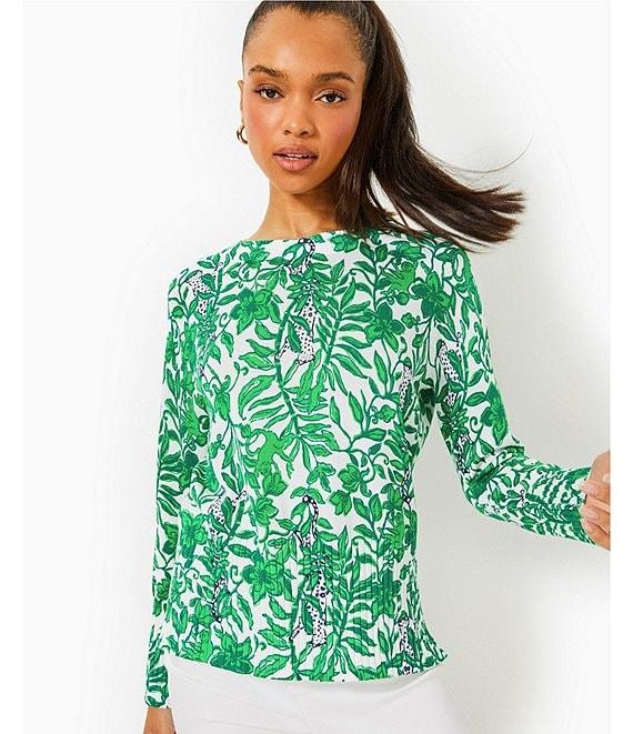 Lilly Pulitzer Salima Knit Leaf Print Crew Neck Bracelet Sleeve Ribbed Sweater Product Image