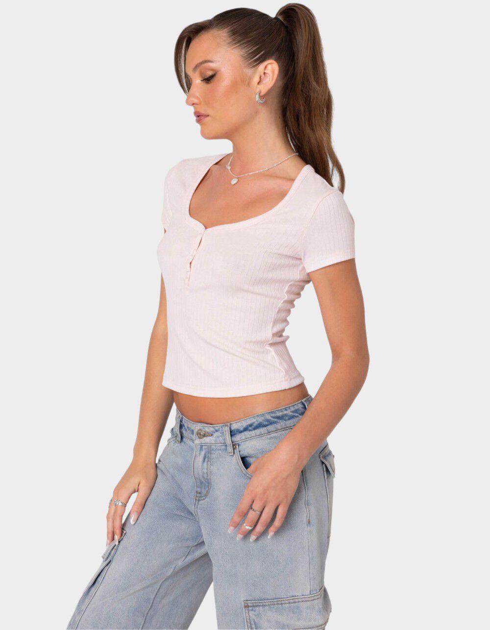 EDIKTED Pointelle Henley Tee - LIGHT PINK Product Image