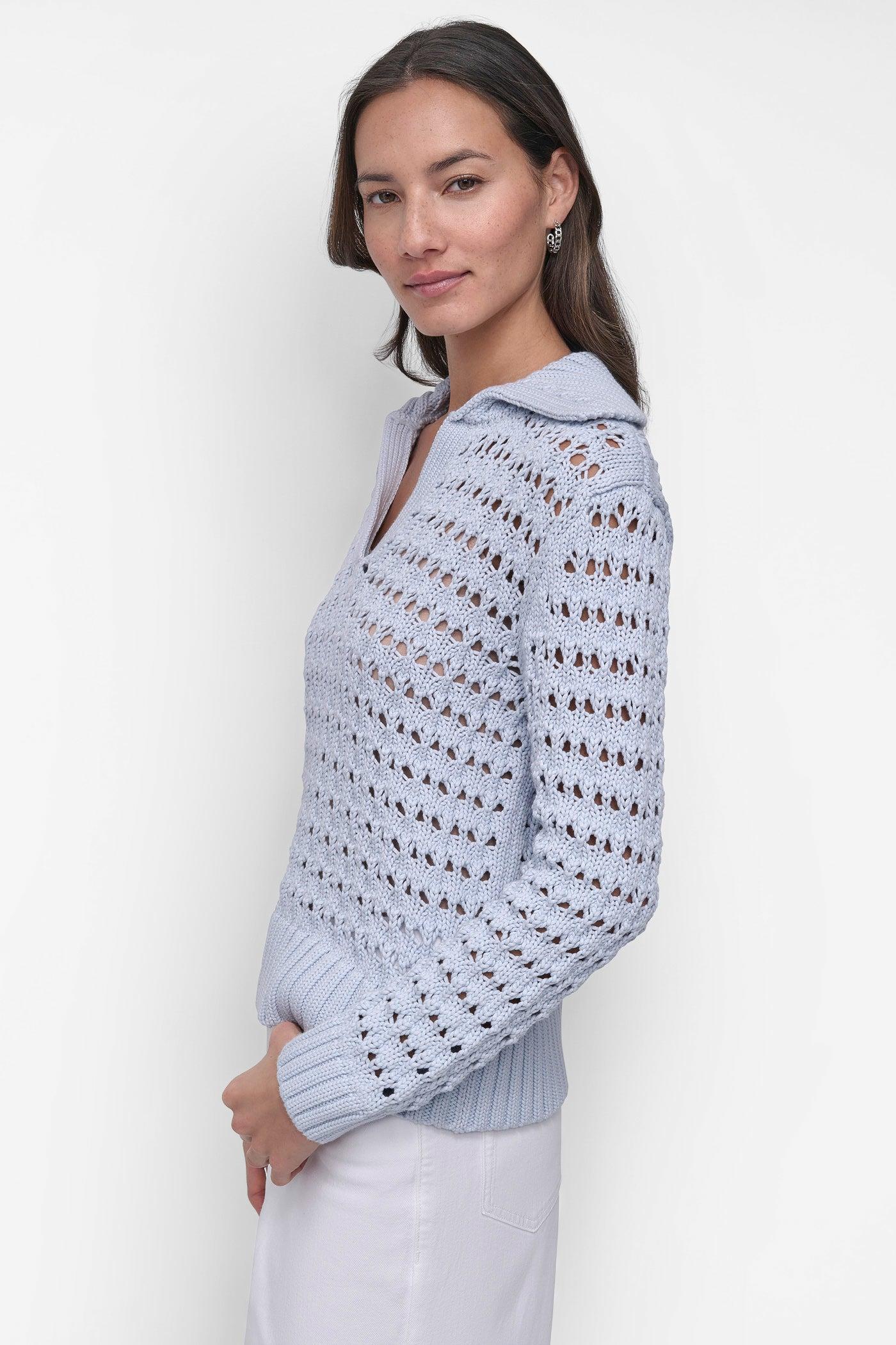 LONG SLEEVE OPEN POINTELLE STITCH POLO COLLAR SWEATER Product Image