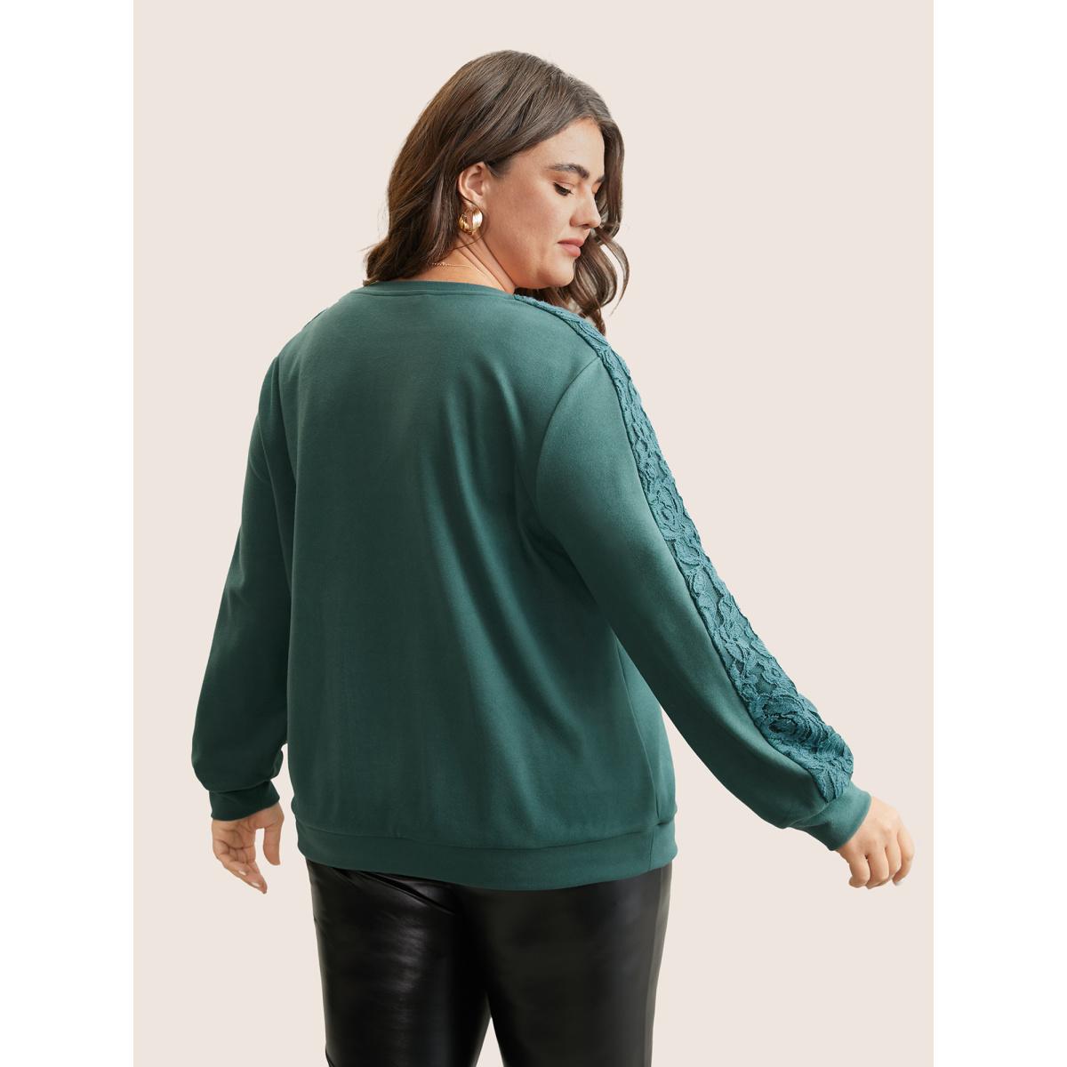 Plus Size Solid Lace Patchwork Crew Neck Sweatshirt Women Cyan Elegant Plain Round Neck Dailywear Sweatshirts BloomChic 22-24/3X Product Image