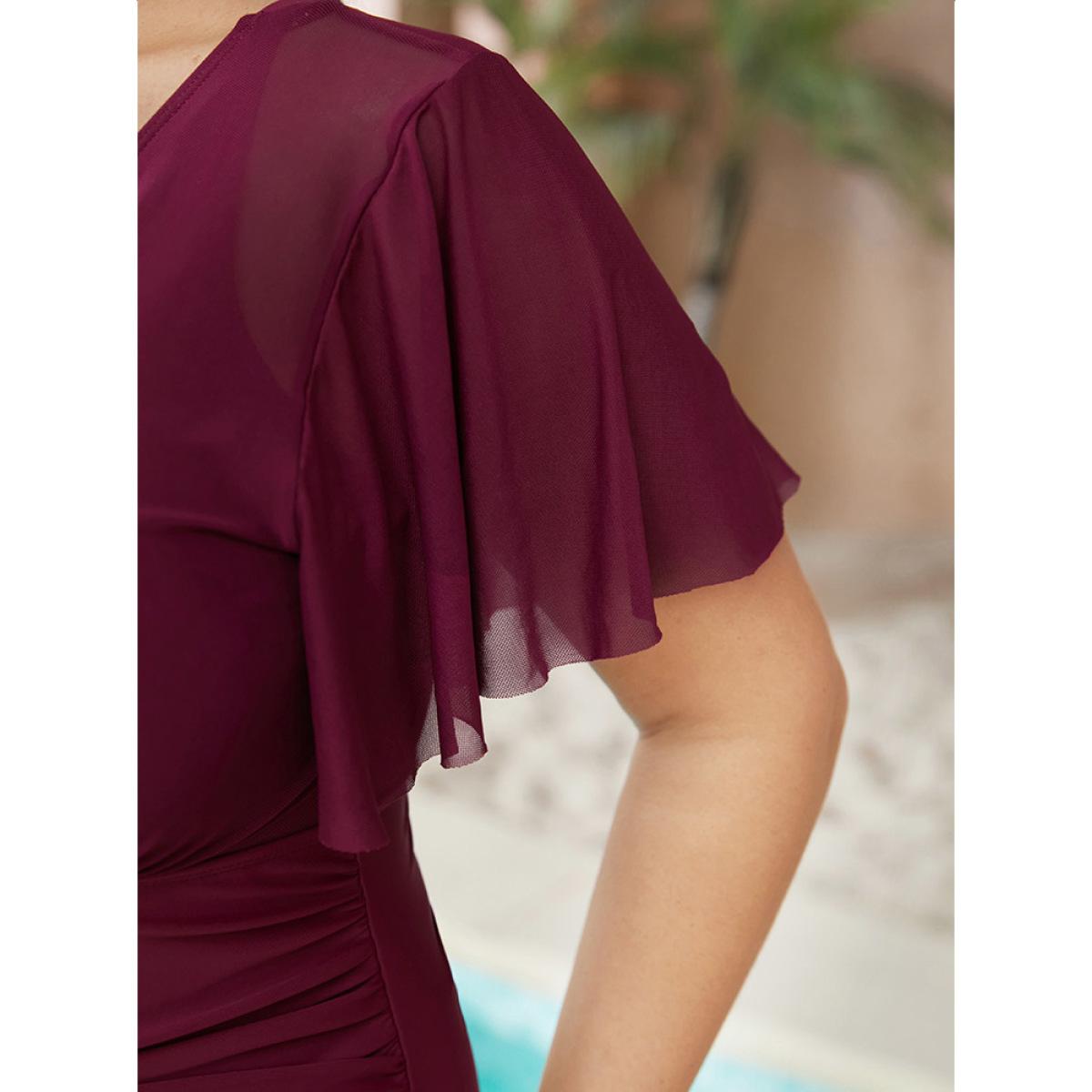 Plus Size Knotted Back Ruched Mesh Ruffle Sleeve One Piece Swimsuit Women's Swimwear RedViolet Vacation Adjustable Straps Curve Bathing Suits High stretch One Pieces BloomChic 14-16/1X Product Image