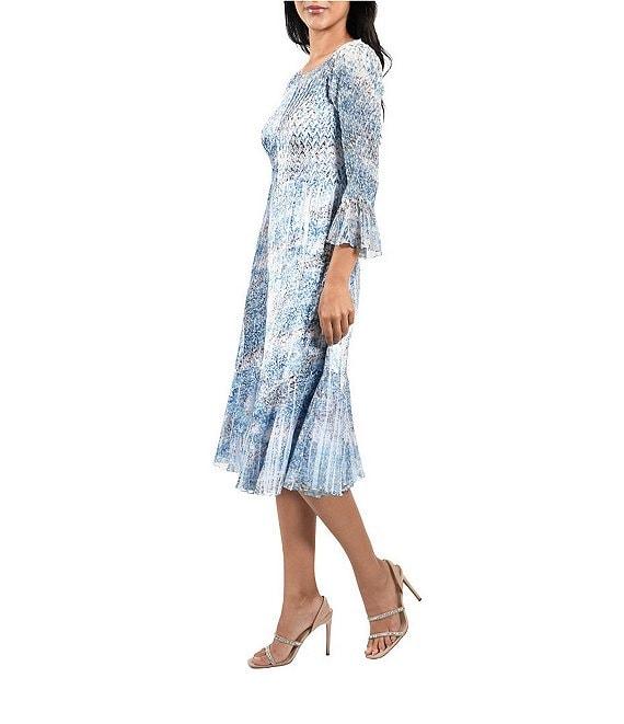 Komarov Boat Neck 3/4 Flutter Sleeve Printed Dress Product Image