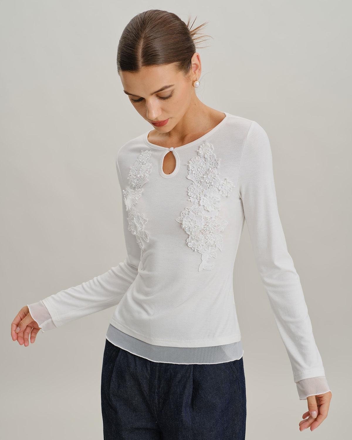 White Round Neck Knit Slim Tee Product Image