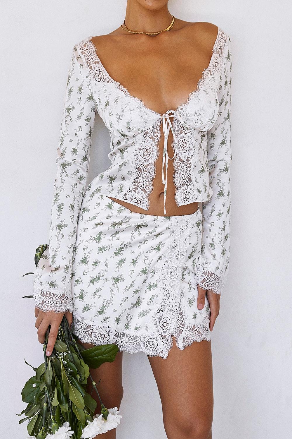 Noemie  garden print lace trim mini skirt Product Image