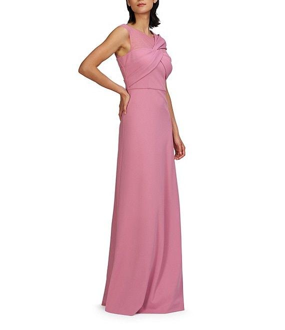 JS Collections Jordyn Illusion Round Neck Twist Front Pleated Bodice Crepe Aline Gown Product Image