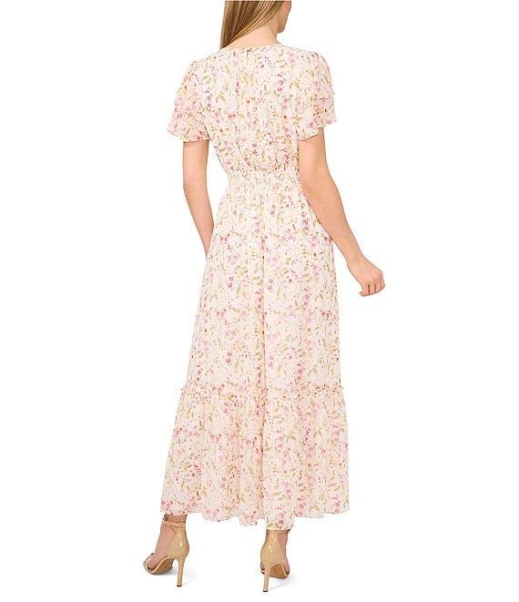 CeCe Round Neck Short Sleeve Floral Print Smocked Waist Maxi A-Line Dress Product Image