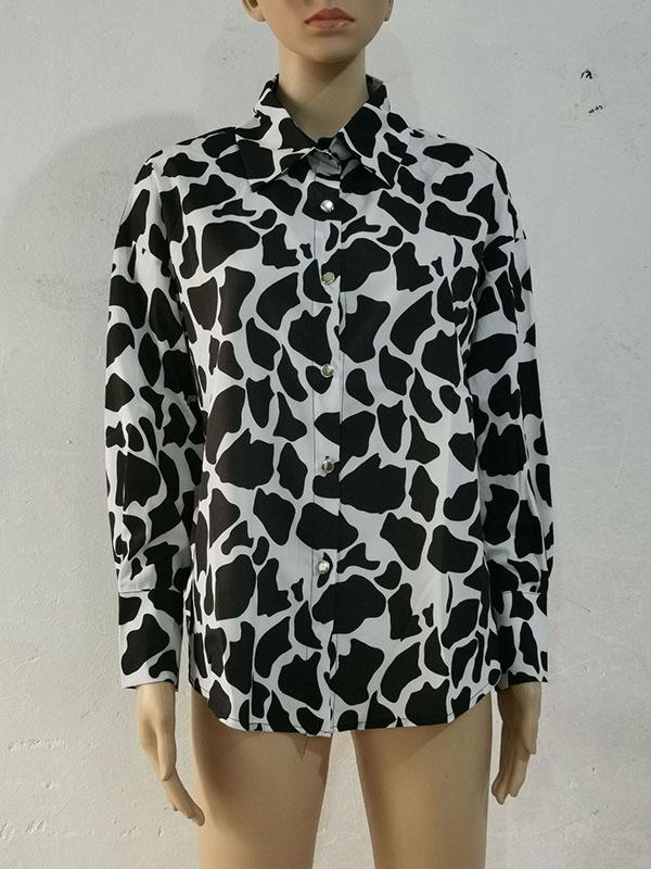 Long Sleeves Loose Contrast Color Printed Lapel Blouses Product Image