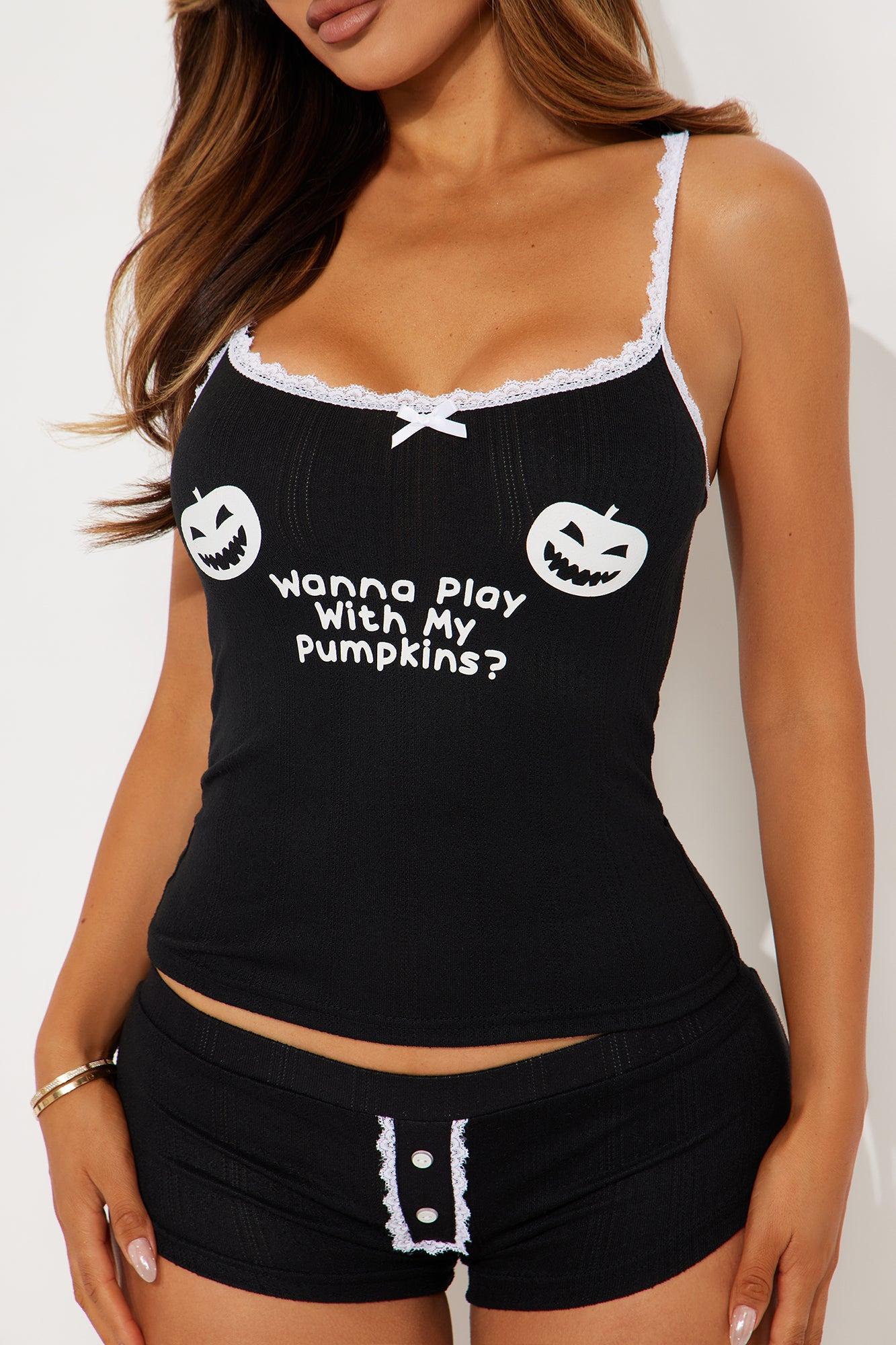 Play With My Pumpkins Halloween 2 Piece Pointelle Cami And Panty Set - Black/White Female Product Image