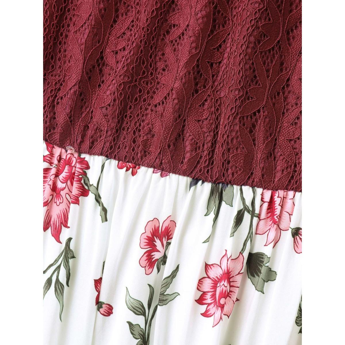 Plus Size Floral Lace Stretchy Waist Contrast Midi Dress Burgundy Women Round Neck Short sleeve Curvy BloomChic 22-24/3X Product Image