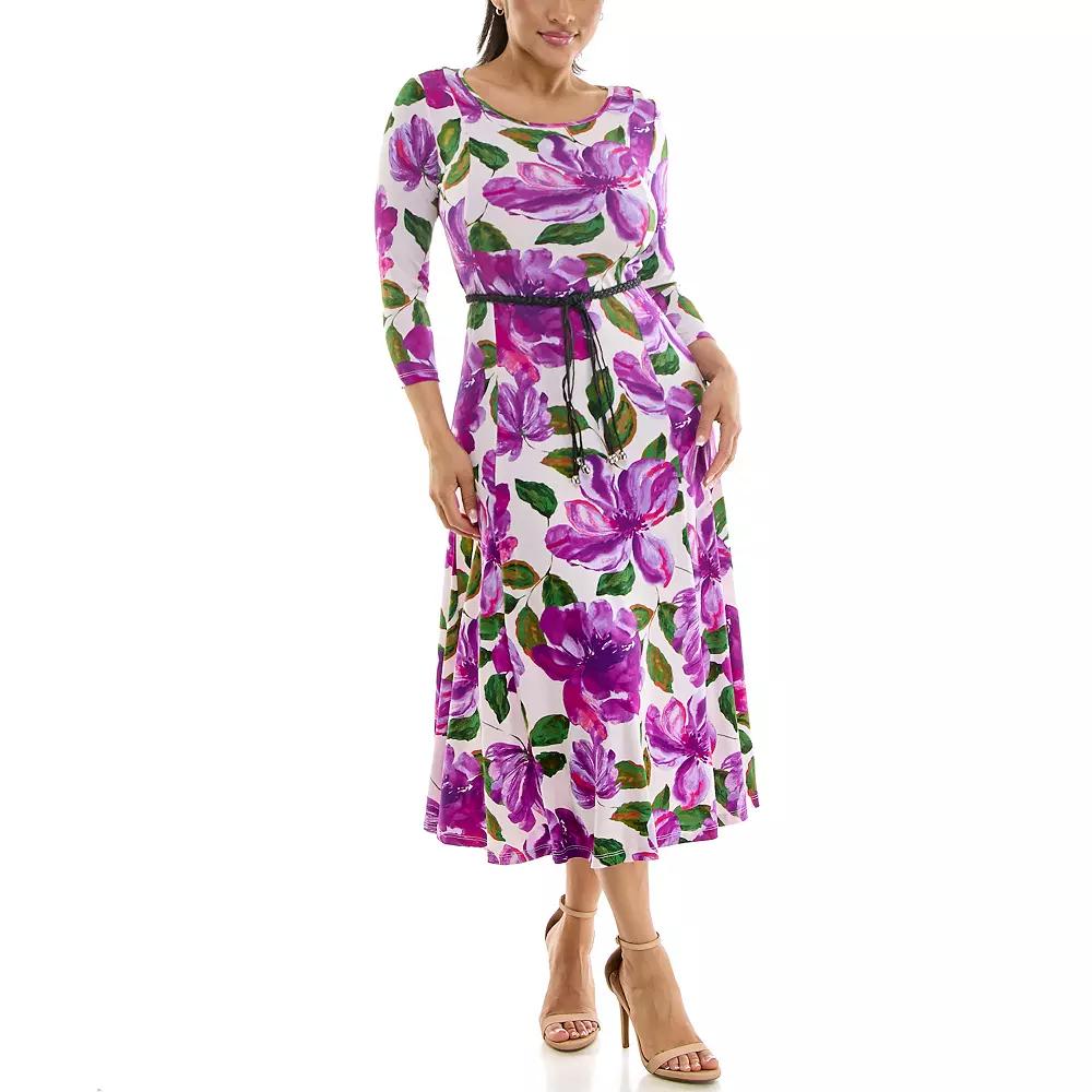 Women's Nina Leonard Sylvia Three-Quarter Sleeve Belted Midi Dress, Size: Small, Vibrant Purple Team Product Image