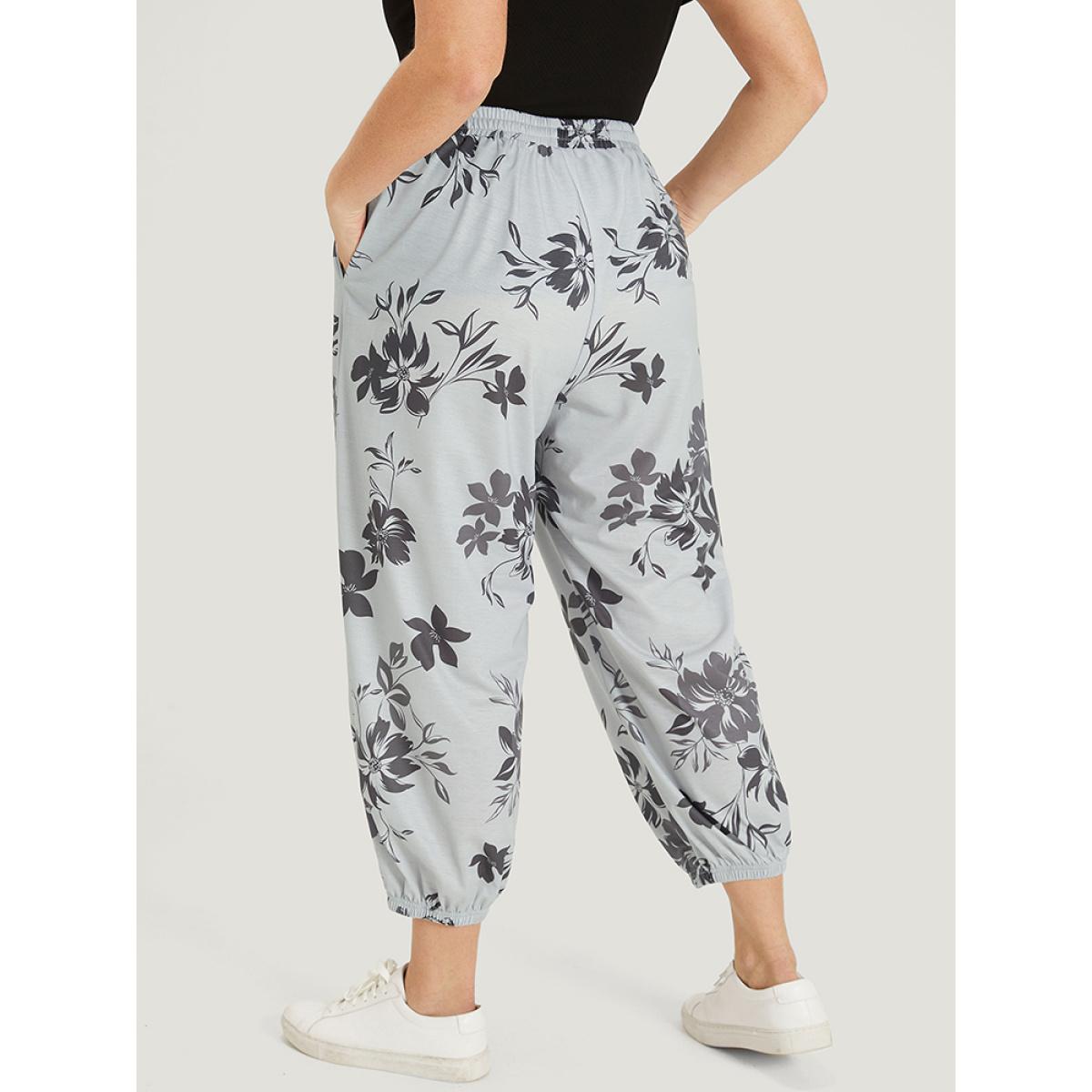 Silhouette Floral Print Pocket Elastic Waist Sweatpants DarkGray Plus Size Women Casual Everyday Elastic Waist 14-16/1X Bloomchic Product Image