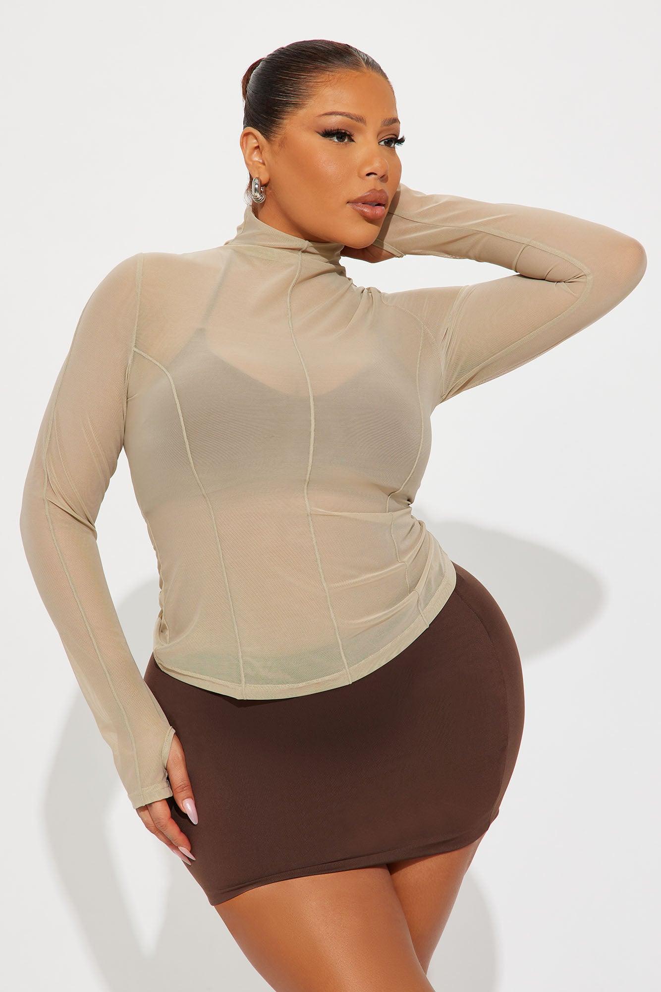 Power Mesh Mock Neck Long Sleeve Top - Stone Female Product Image