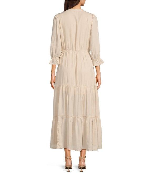 Skies Are Blue Split Tie Neck 3/4 Sleeve Tiered Ruffle Maxi Dress Product Image