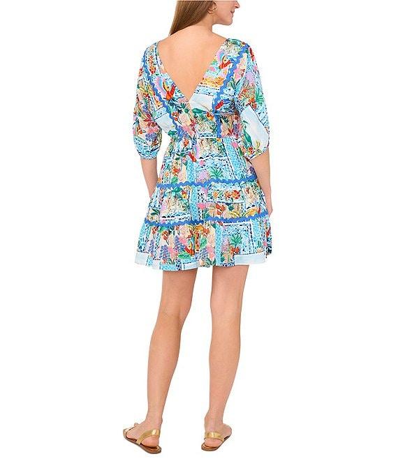 Vince Camuto Woven V-Neck 3/4 Sleeve Tie Front Tiered A-Line Dress Product Image