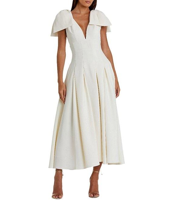 Mac Duggal Double V-Neck Bow Shoulder Crepe Pleated A-Line Tea Length Dress Product Image