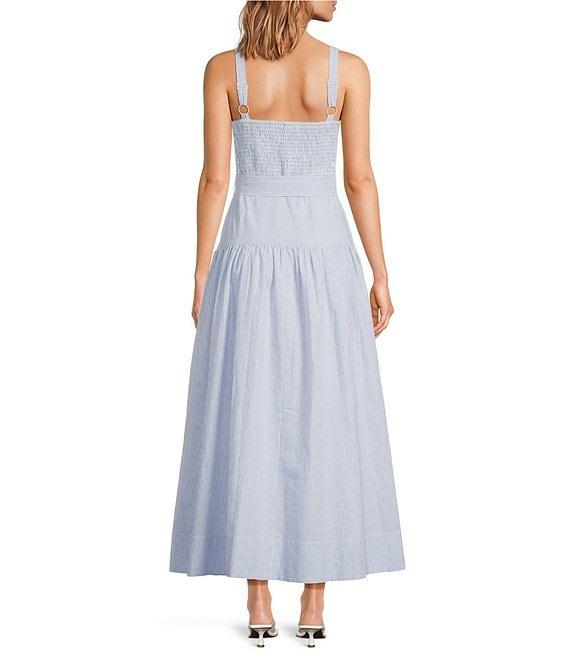 A Loves A Linen Stripe Sweetheart Neck Tank Strap Button Front Tie Drop Waist Flounce A-Line Maxi Dress Product Image