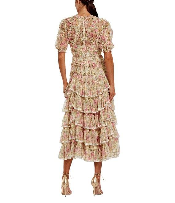 Mac Duggal Mesh Floral Print Mock Neck Short Sleeve Micro Ruffle A-Line Midi Dress Product Image