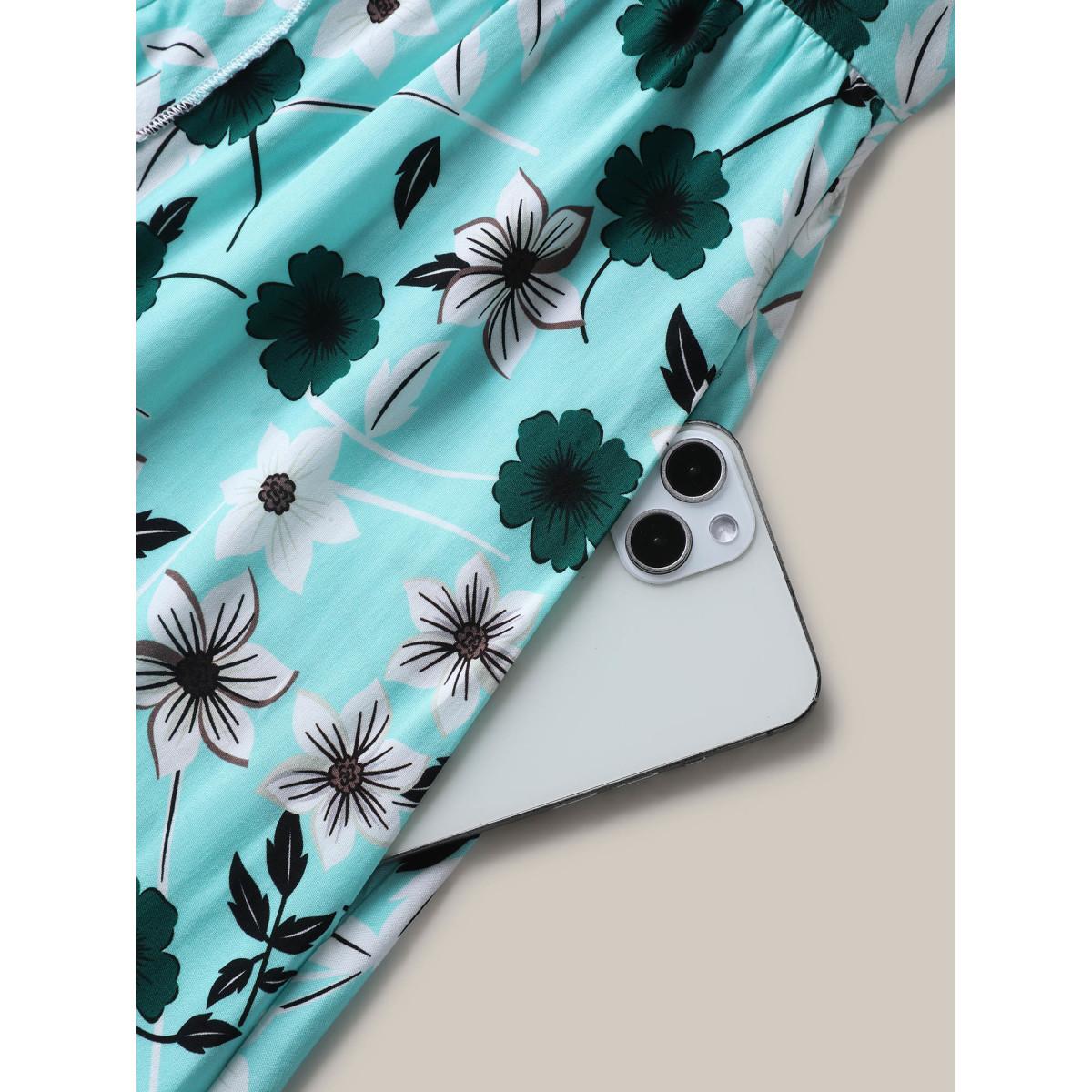 Plus Size Off-Shoulder Floral Print Adjustable Midi Dress Turquoise Women Non Sleeveless Curvy BloomChic 22-24/3X Product Image