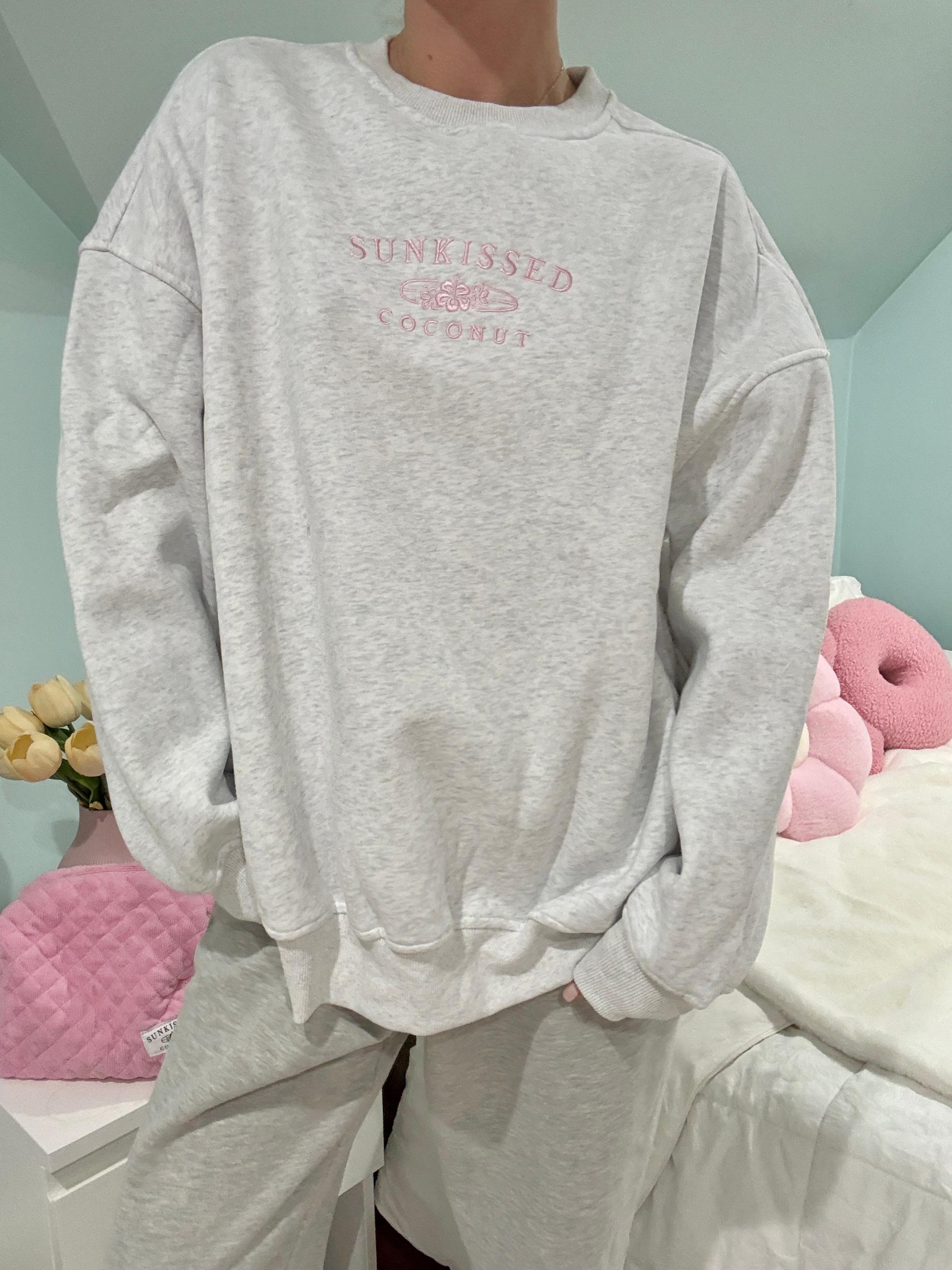 Pearl Grey and Pink Thread Sunkissedcoconut Embroider Sweatshirt Product Image