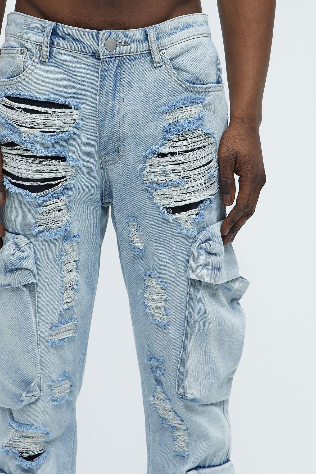 Xavier Distressed Stacked Slim Flare Jeans - Light Blue Wash Product Image