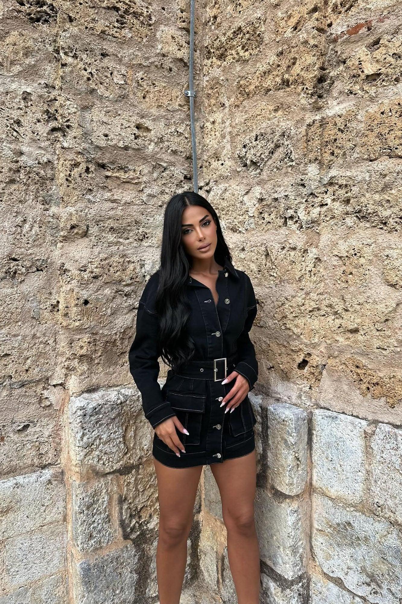 Stephanie Denim Mini Dress - Black Product Image