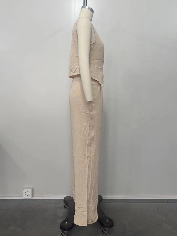 Loose Sleeveless Buttoned Solid Color V-Neck Vest Top + Split-Joint Pleated Pockets Pants Bottom Two Pieces Set Product Image