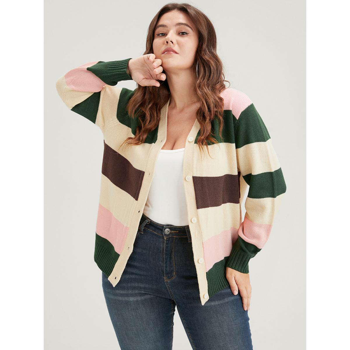 Plus Size Striped Colorblock Contrast Pointelle Knit Button Front Cardigan Beige Women Casual Long Sleeve Dailywear Cardigans BloomChic 28/5X Product Image