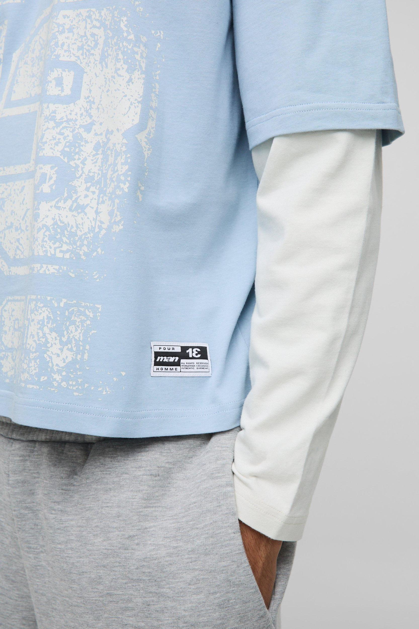 Oversized Boxy Woven Tab Faux Layer Sleeve Graphic V Neck T-Shirt | boohooMAN USA Product Image