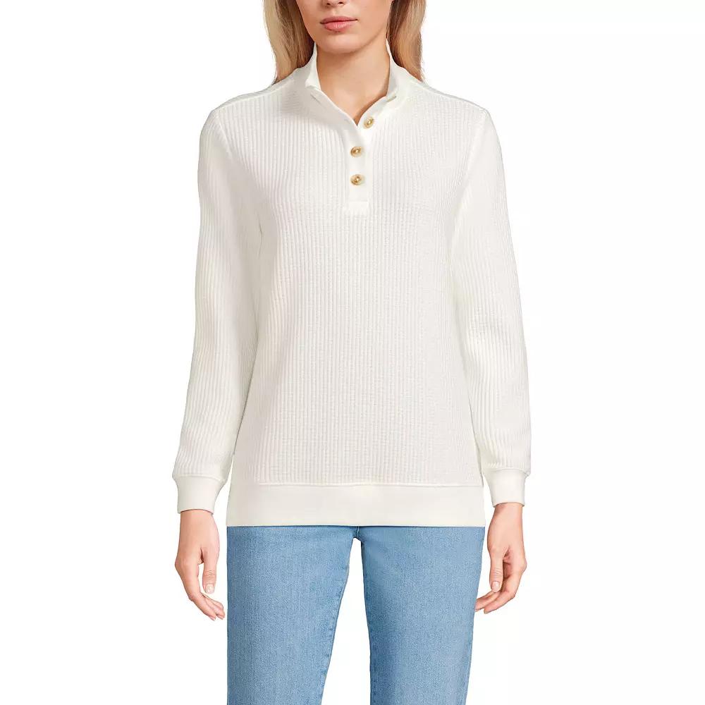 Women's Lands' End Long-Sleeve Waffle Knit Button Placket Top, Size: Large, Ivory Product Image