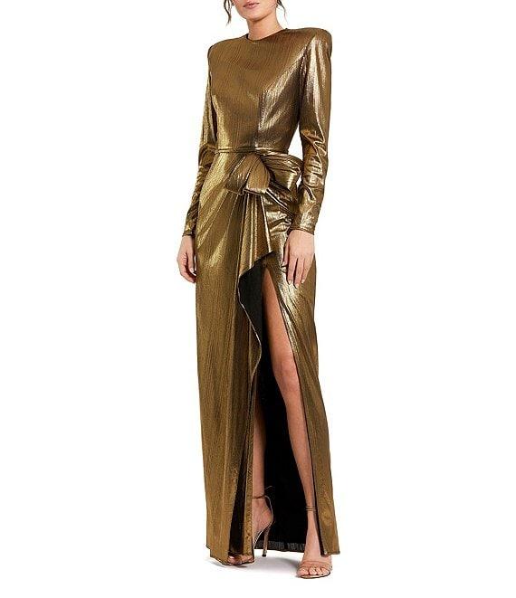 Mac Duggal Long Sleeve Bow Detail Metallic Jersey Gown Product Image