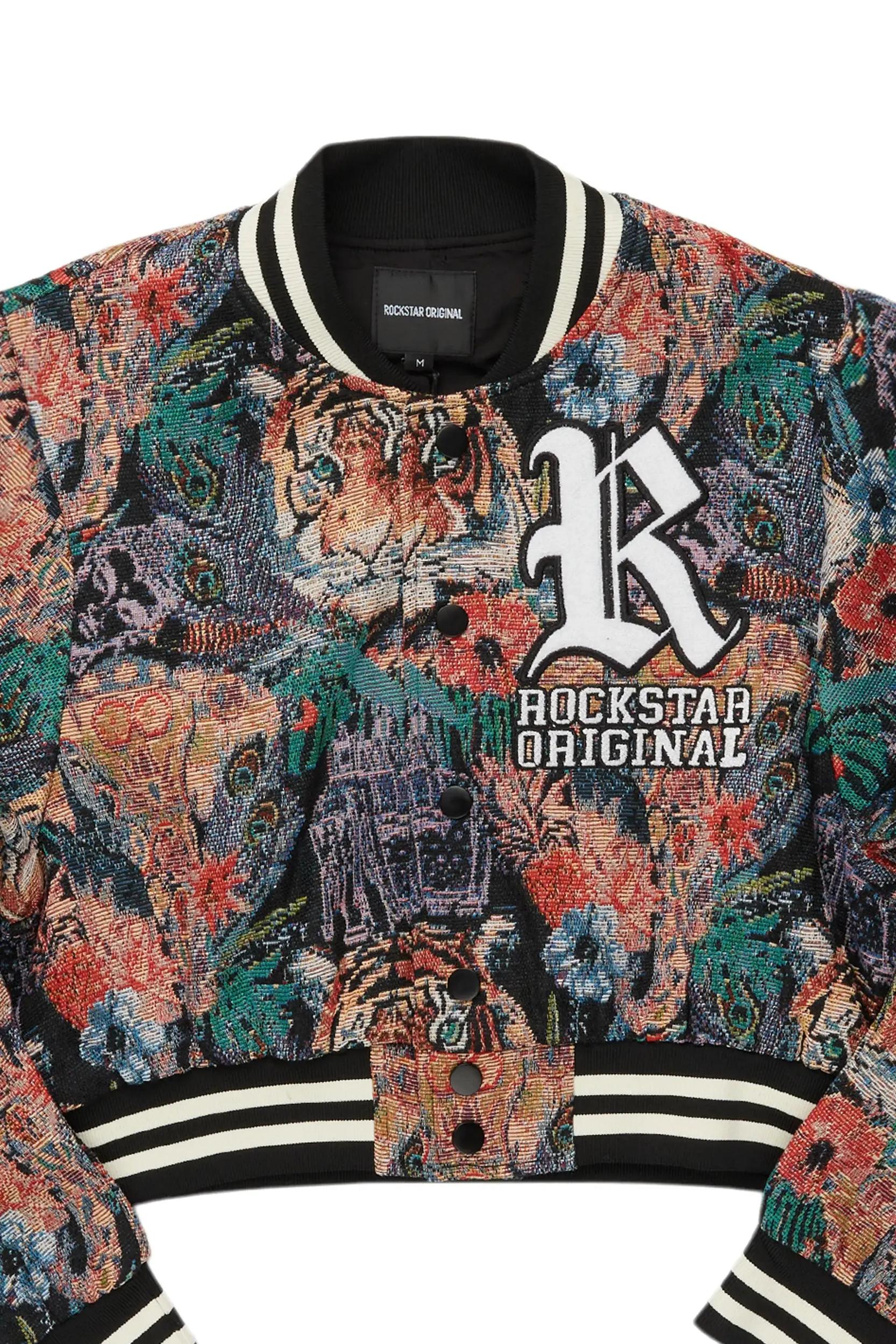 Rena Black Crop Tapestry Varsity Jacket Female Product Image