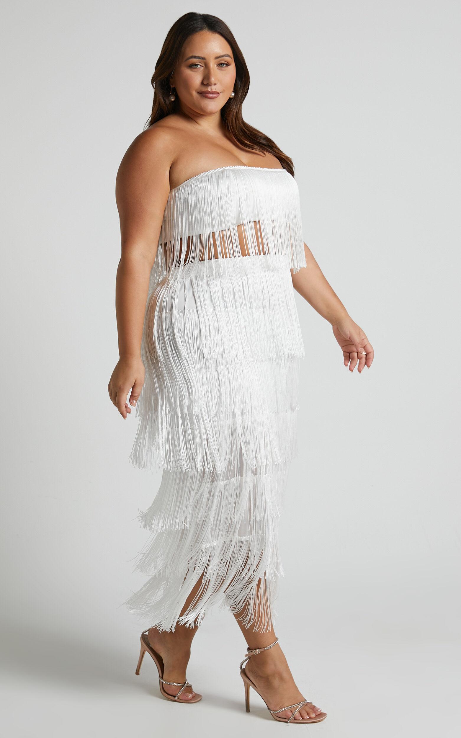 Amalee Two Piece Set - Fringe Strapless Crop Top and Midi Skirt Set in White Product Image