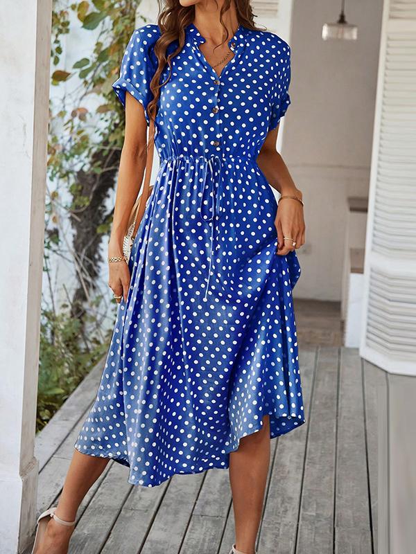 A-Line High Waisted Buttoned Drawstring Polka-Dot V-Neck Midi Dresses Product Image