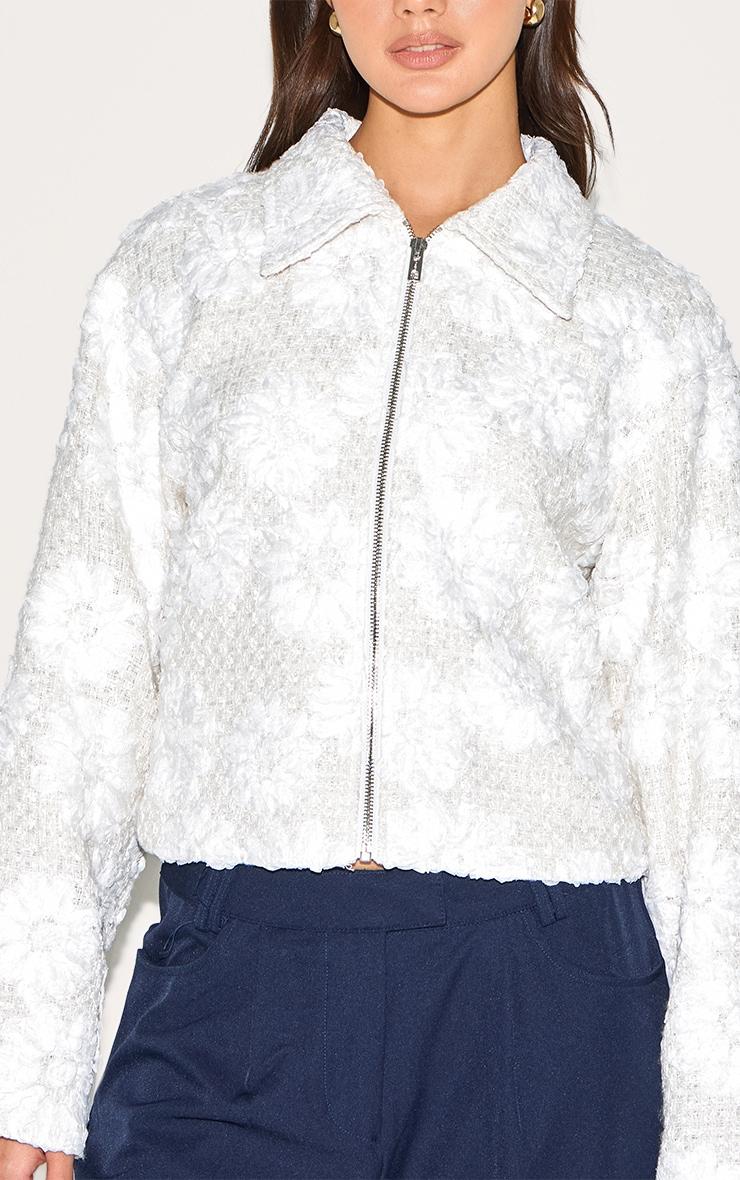 White Floral Detail Boxy Zip Up Jacket Product Image