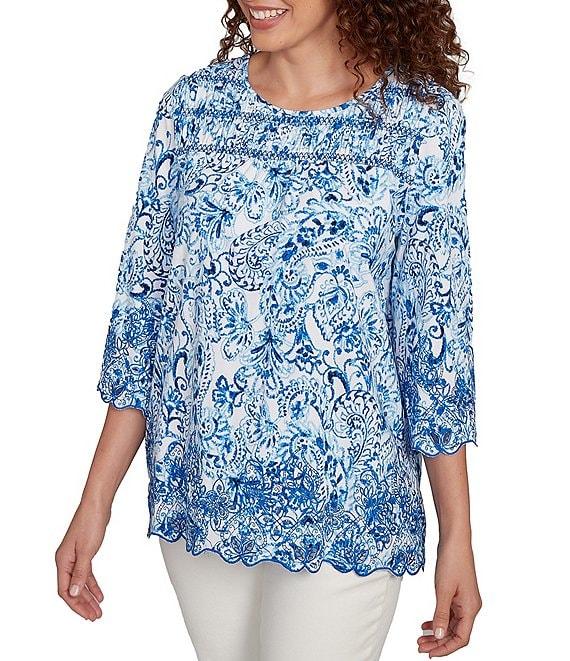 Ruby Rd. Cotton-Blend Embroidered Printed Scoop Neck 3/4 Sleeve Top Product Image