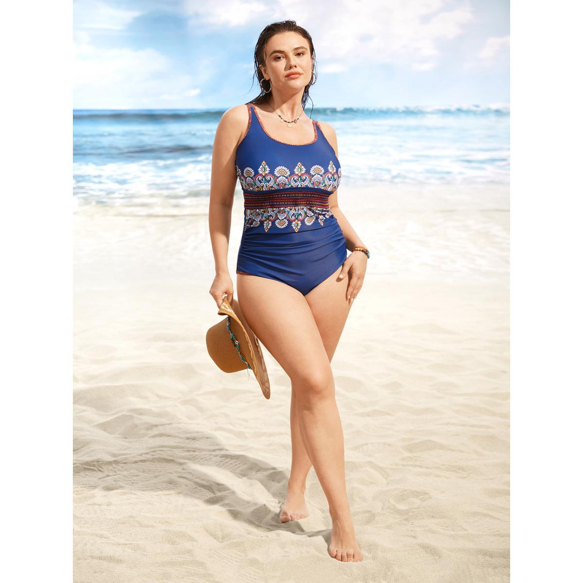 Plus Size U Neck Bandana Contrast Webbing One Piece Swimsuit Women's Swimwear Mediumblue Beach Woven ribbon&lace trim Curve Bathing Suits High stretch One Pieces BloomChic 30/6X Product Image